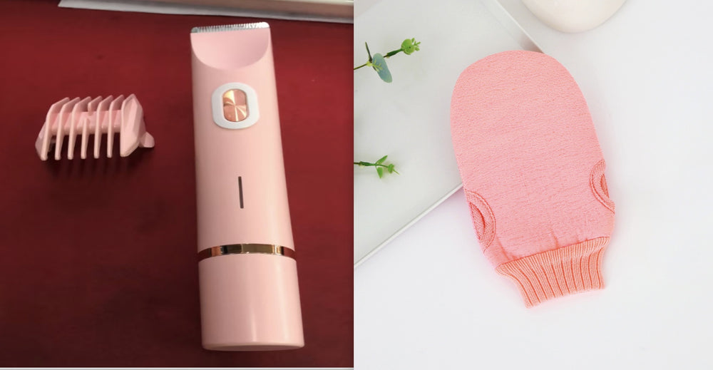Pink grooming tool and mitt on a white background