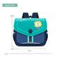 Green and blue children's backpack with lion design and measurements on a white background