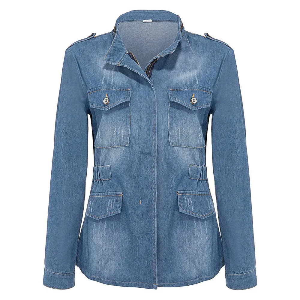 Fitted Zip up Lapel Women Denim Jacket - EX-STOCK CANADA