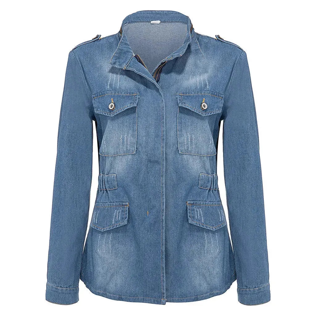 Fitted Zip up Lapel Women Denim Jacket - EX-STOCK CANADA