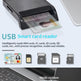 A black USB smart card reader shown reading a sample ID card, with text describing its function and icons showing supported card types like SIM cards, IC cards, SD cards, MMC, and TF. A laptop keyboard is partially visible at the bottom.