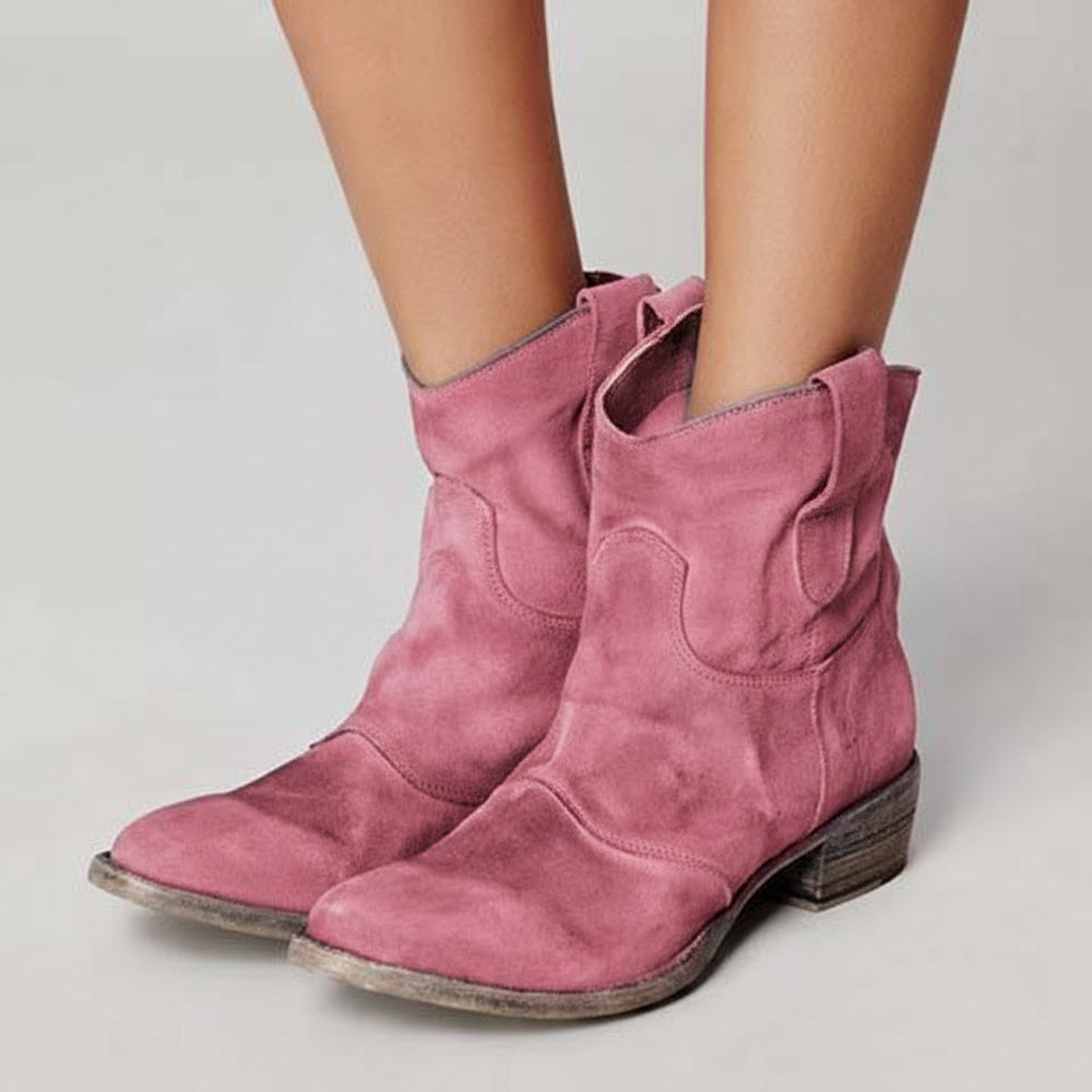 Women's Suede Square Heel Low Martin Boots – Slip-On Western Ankle Boots