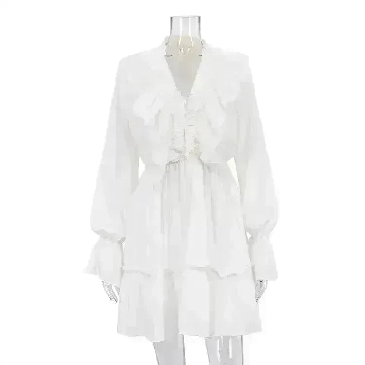 Casual Fashion V Neck Pleated Ruffle Long Sleeve Dress Y2K V Neck Flared Sleeve Short Mini Skater Dress Women's Clothing - EX-STOCK CANADA