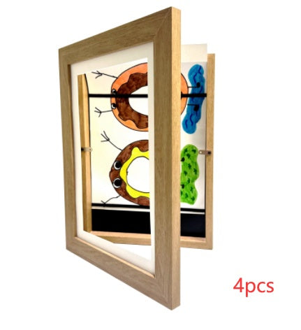 Wooden picture frame with colorful cutout letters inside on a white background