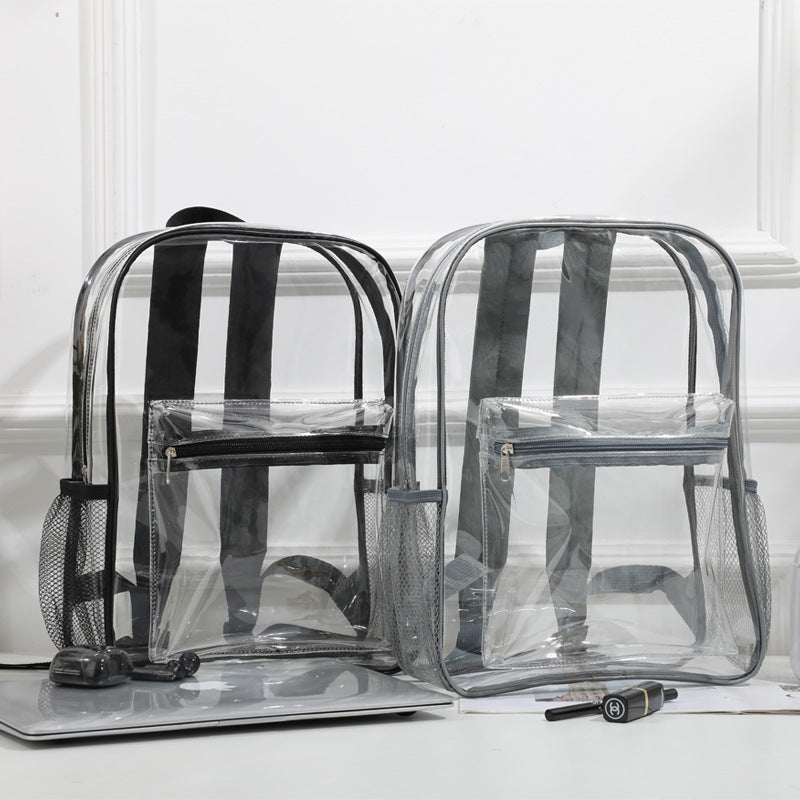 Two clear backpacks with black straps on a white surface.