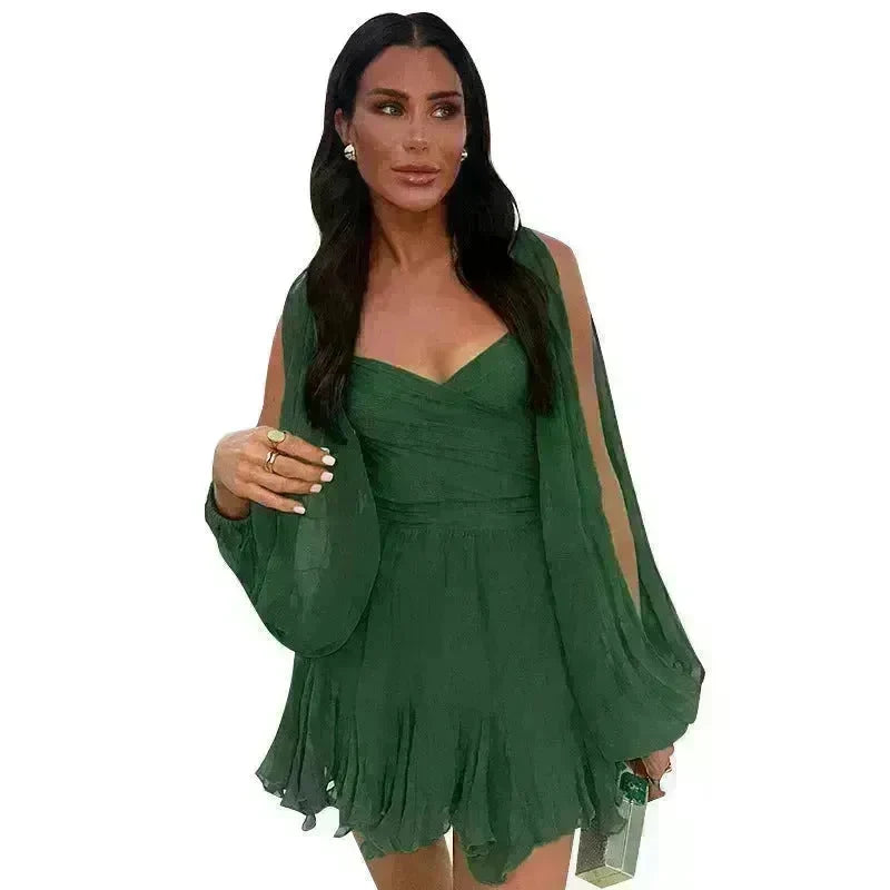 Women's Solid Color Chiffon Slim Fit Short Dress Mini Skater Flared Dress for Chic Ladies - EX-STOCK CANADA