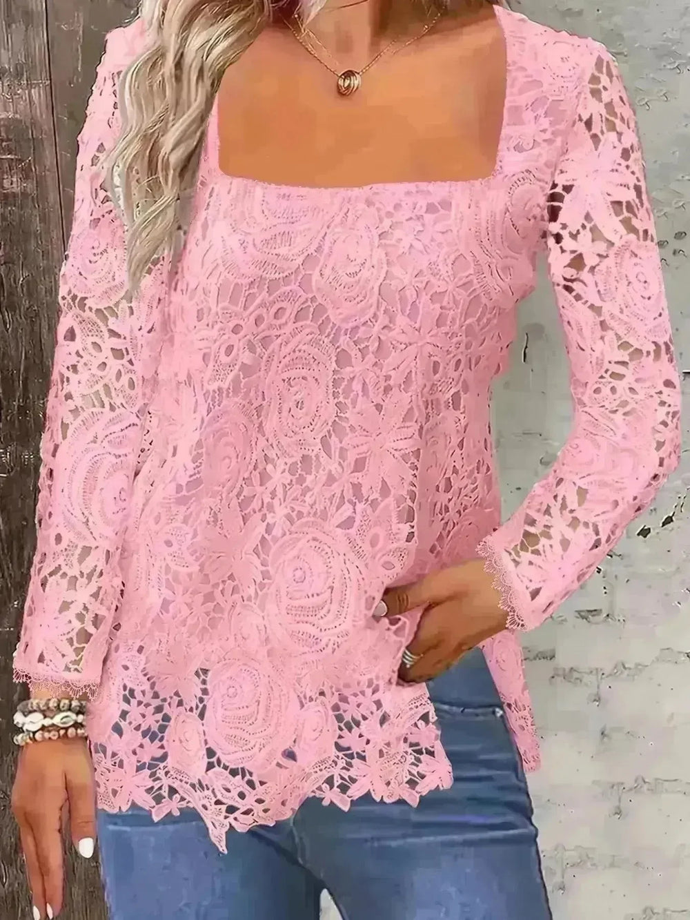 Fashionable Evening Top for Women Square Neck Long Sleeve Lace top Long Top for Women - EX-STOCK CANADA