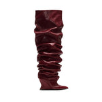 Maroon ruched knee-high boot on a white background Women's Catwalk Pleated Over-the-Knee Boots – Pointed Toe Wedge High-Heel | Black, Wine Red, Beige