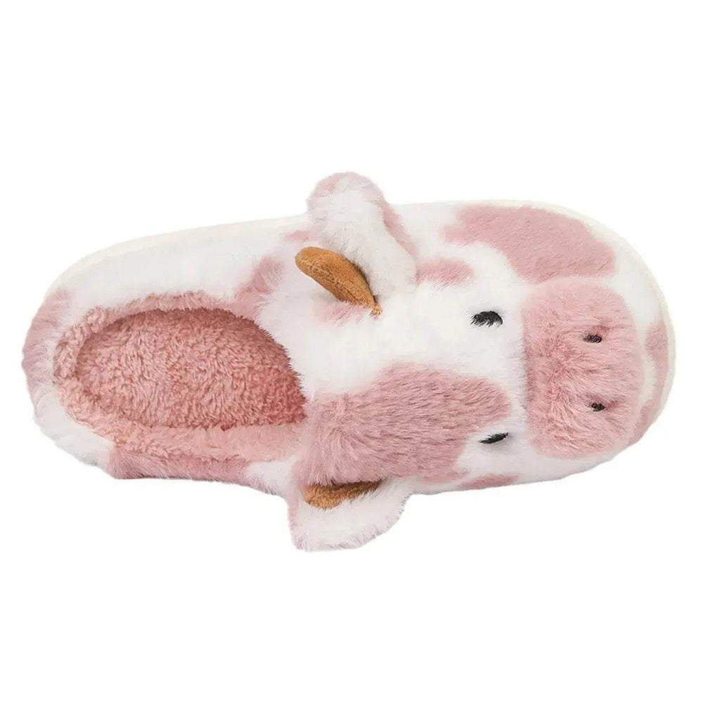 Cute Cartoon Cow Plush Slippers Winter Warm Indoor Bedroom Floor Fuzzy Slipper Couple Non-slip House Shoes - EX-STOCK Canada