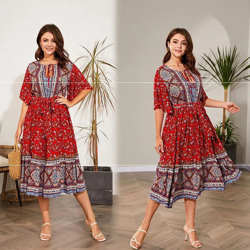 Modest Plus Size Summer dress V Neck Midi Beach boho Dress - EX-STOCK CANADA