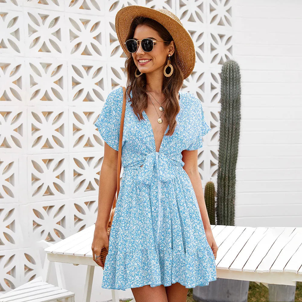 Casual Deep V-neck Short Sleeve Tie belt Floral Summer Mini Dress - EX-STOCK CANADA