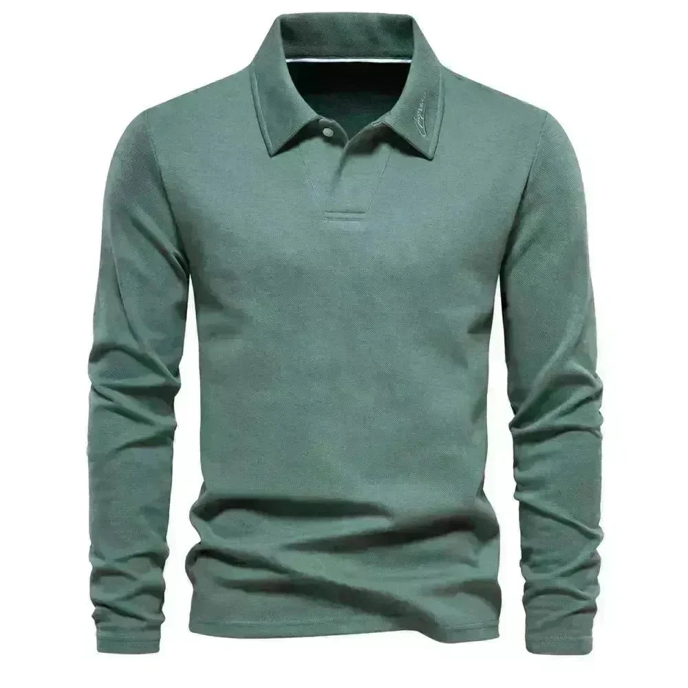 Fashion Plain Lapel Long-sleeved Polo Shirt Men's Casual Autumn Polo sweatshirt - EX-STOCK CANADA