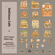 Sticker pack with 'Delicious Cafe' theme featuring buildings and coffee-themed graphics on a gray background.