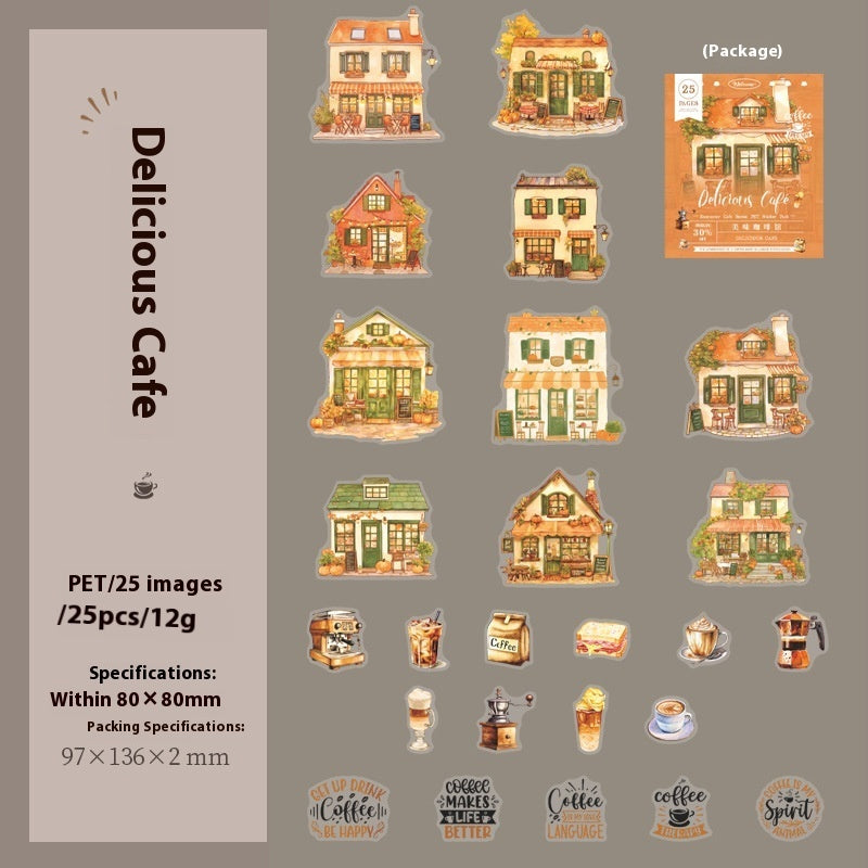 Sticker pack with 'Delicious Cafe' theme featuring buildings and coffee-themed graphics on a gray background.