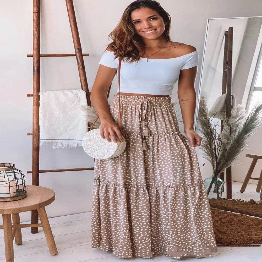 Casual Spring Summer Elastic Waist Pleated Mid Waist printed Maxi Skirt - EX-STOCK Canada