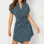 V-neck Short Sleeve Dress With Belt Summer Fashion Bowknot Dresses For Women Clothing - EX-STOCK Canada