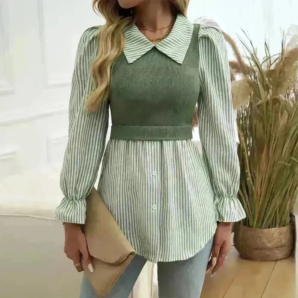 Women's Casual Contrast Color Stitching  Long Sleeve Collar Ladies Evening Top - EX-STOCK CANADA