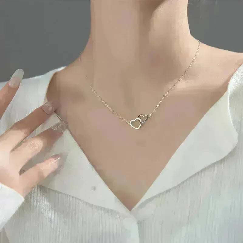Double Heart Interlocking Titanium Steel Necklace Jewelry - EX-STOCK CANADA