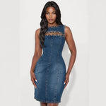 Fashionable Round-Neck Studded Denim Sleeveless Dress 