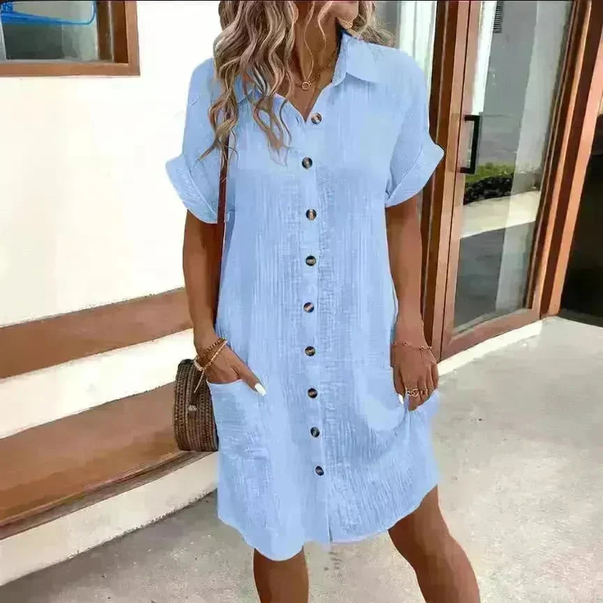 Womens Button Down Shirt Dress Summer Cotton Linen Dress V-Neck Mini Dress Casual Short Sleeve Loose Tunic Dresses - EX-STOCK CANADA