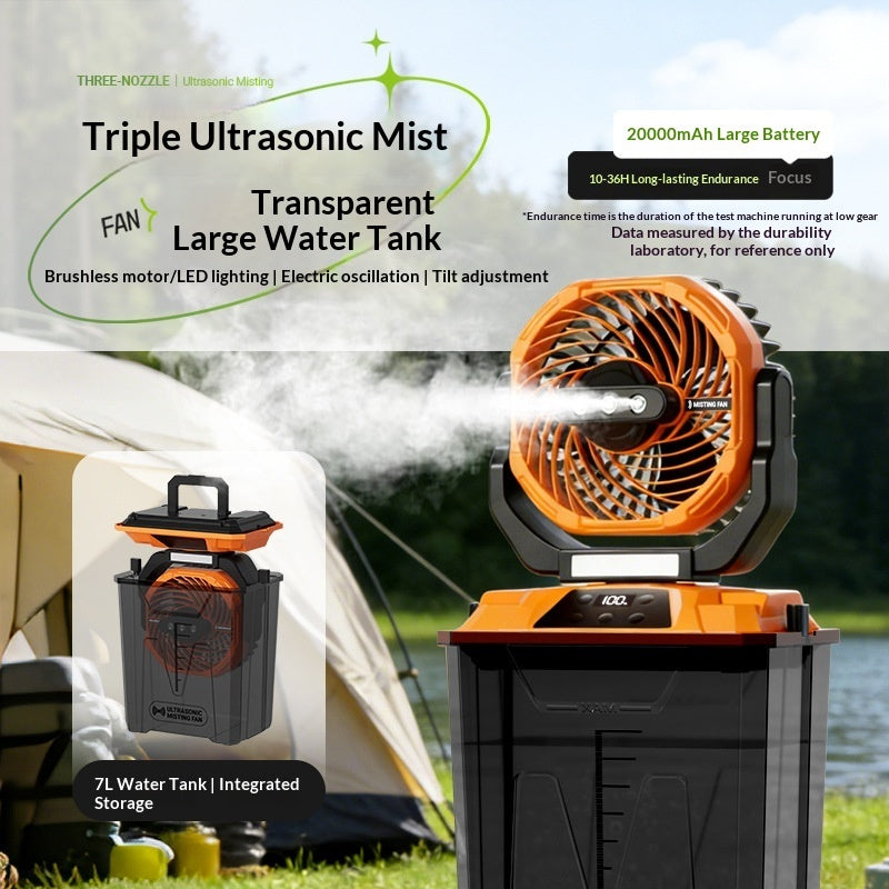 Portable Outdoor Camping Misting Fan – 7L Tank, 20000mAh Rechargeable, Remote Control, LED Light | Orange & Army Green 2