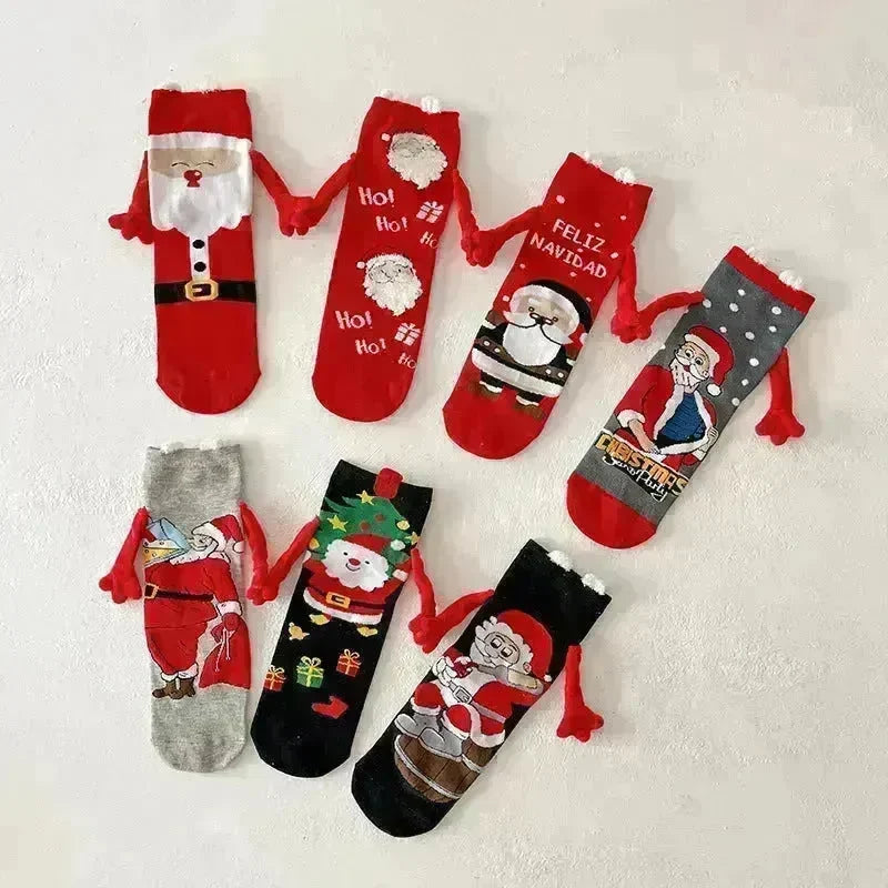 Christmas Magnetic Socks Cute Elk Santa Claus Snowman Hand-holding Socks For Couple - EX-STOCK CANADA