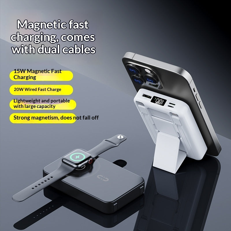 A portable power bank shown charging a smartwatch and a smartphone with magnetic wireless charging, alongside marketing text highlighting 15W magnetic fast charging, 20W wired fast charge, lightweight portability, and large capacity.