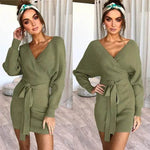 Autumn Winter Slim Fit V-neck Mini Wrap Sweater Dress - EX-STOCK Canada