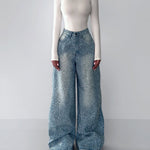 Women's Rhinestone Wide-Leg Jeans – Crystal Embellished Denim, High Waist | Sizes XS–XL