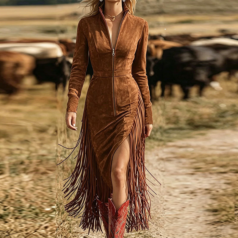 Women's Zip-Front Western Fringe Dress – Red, Black & Brown | S–3XL9