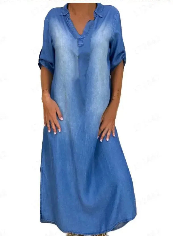 New washed denim dress Side Split Loose Mum Long Jeans Dress - EX-STOCK CANADA