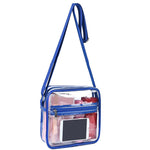 Clear crossbody bag with blue strap and zipper on a white background