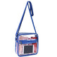Clear crossbody bag with blue strap and zipper on a white background