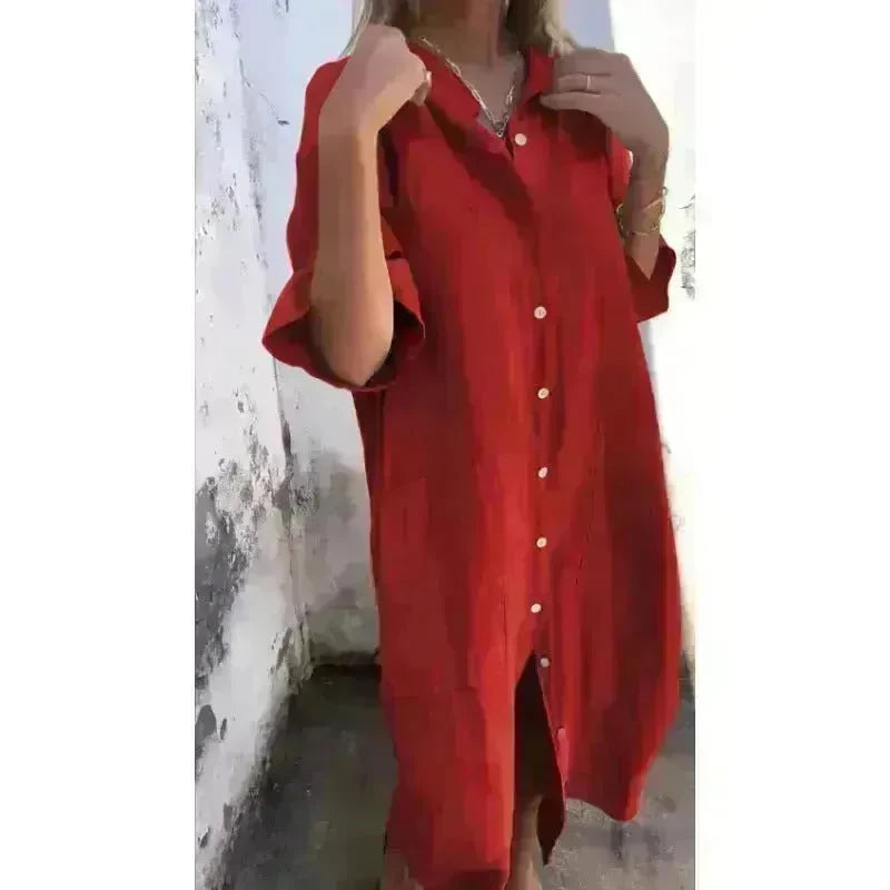 Women Loose Casual Half Sleeve Cotton Linen Buttoned down  Shirt Dress - EX-STOCK CANADA