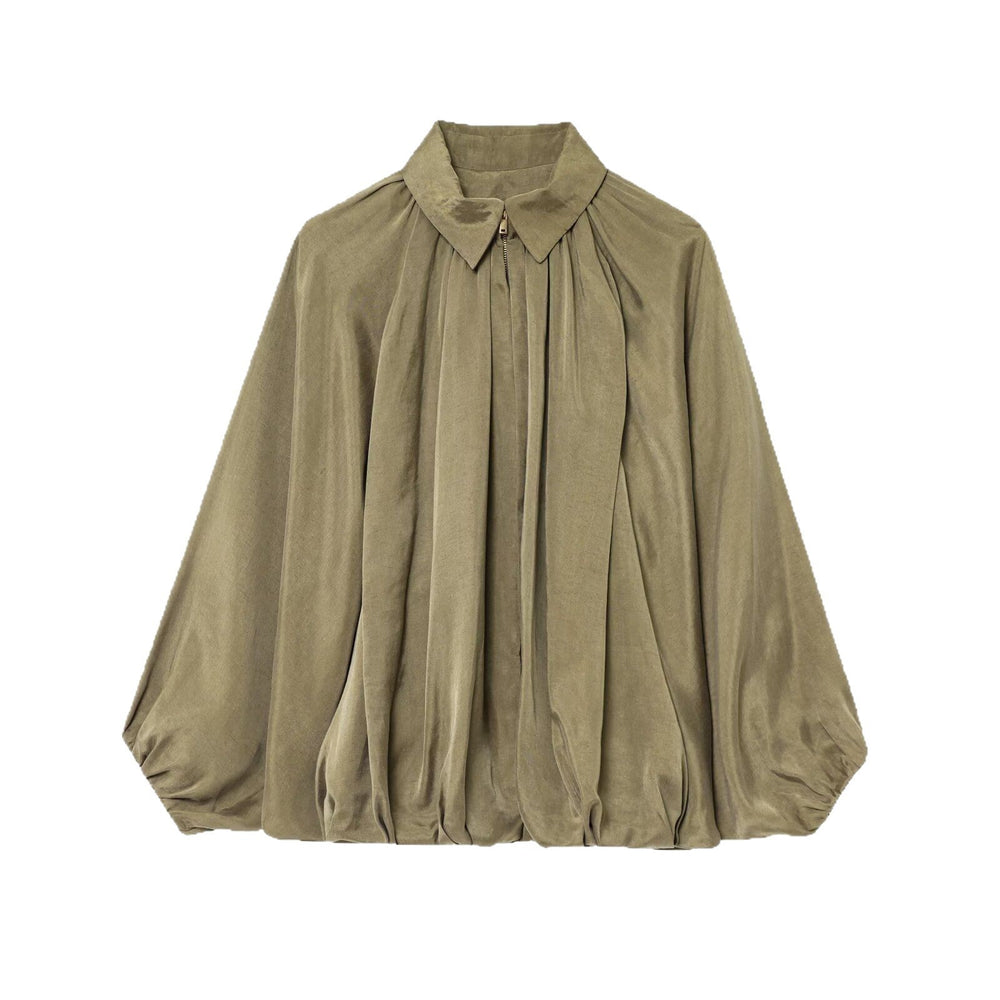 Women's Loose Pleated Zip-Front Jacket – Balloon Sleeves, 6 Colours | Sizes XS–XL