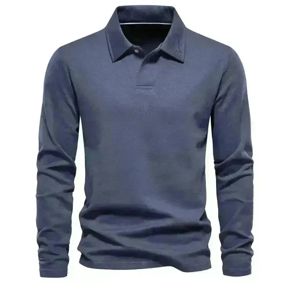 Fashion Plain Lapel Long-sleeved Polo Shirt Men's Casual Autumn Polo sweatshirt - EX-STOCK CANADA