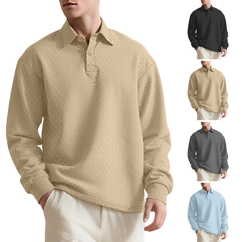 Texture Jacquard Solid Color Men's Long-sleeved Polo Shirt Lapel Loose Sweater EX-STOCK Canada 