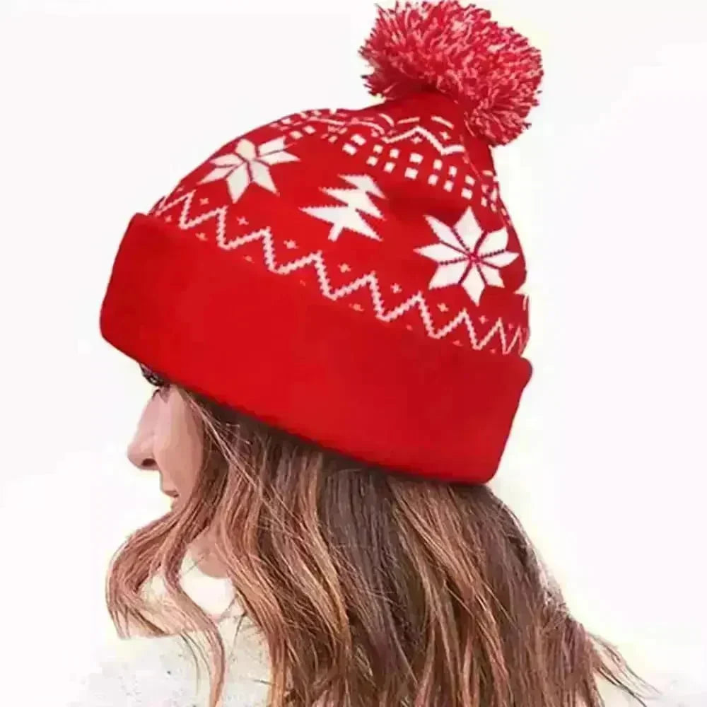 Jacquard Christmas Fluffy Ball Cap Thermal Head Cover Knitted Hat - EX-STOCK CANADA