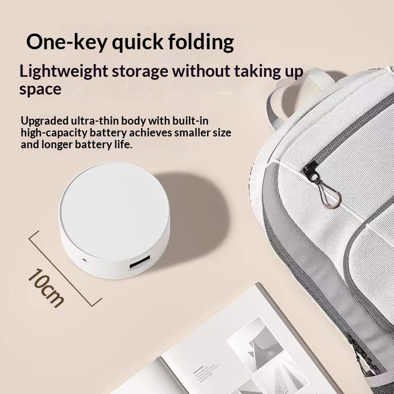 Small round device with text about one-key quick folding and lightweight storage on a beige background.