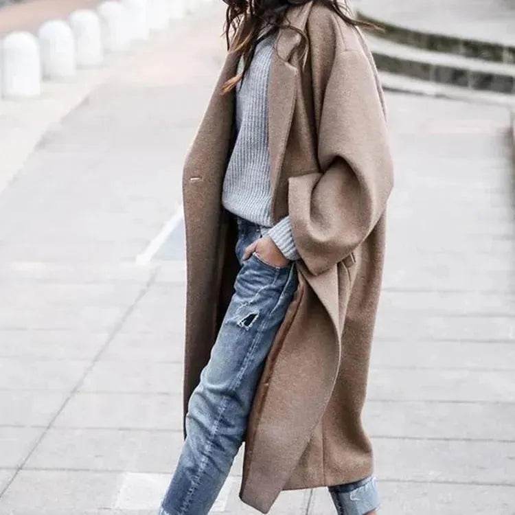 Lapel Single Breasted Women Winter Solid Woolen Trench Coat Long Jacket - EX-STOCK Canada