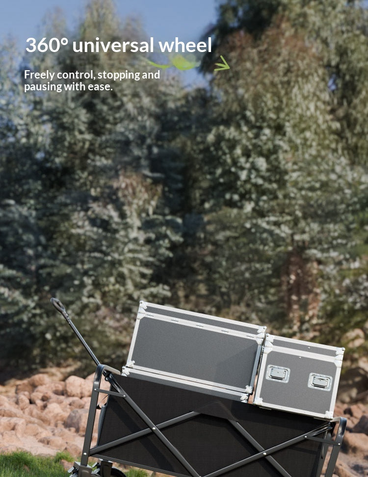 A black and gray wheeled cargo cart with two metal storage cases, shown outdoors on a rocky path with trees in the background. White text in the upper left reads '360° universal wheel' with a subtitle about free control, stopping, and pausing with ease.