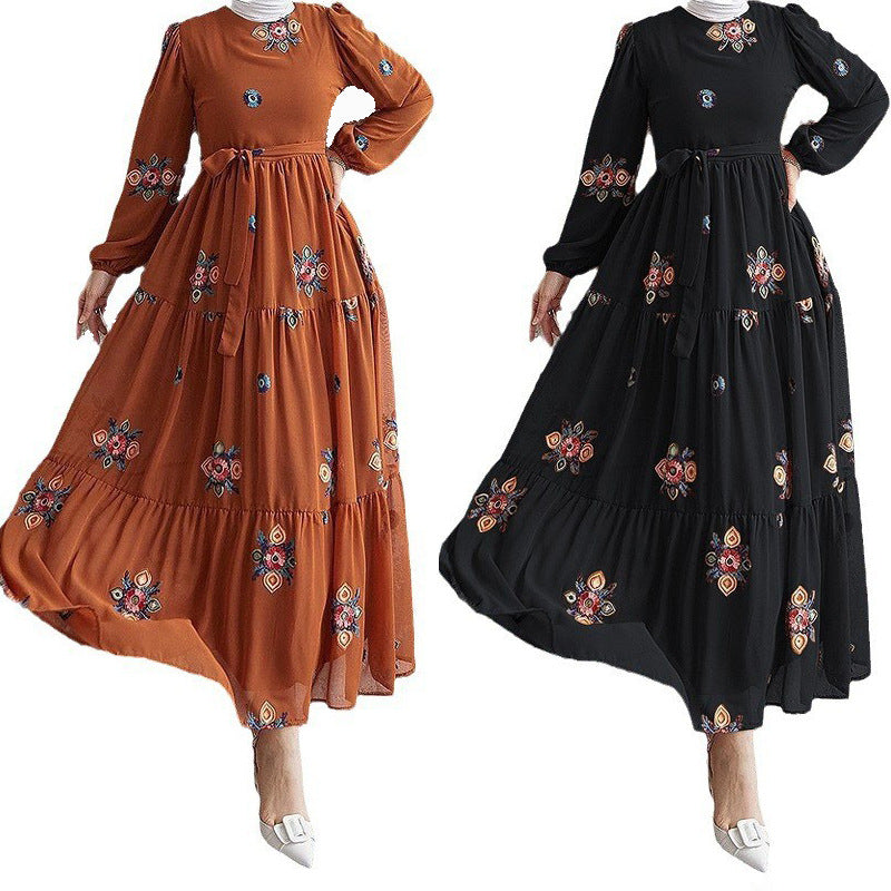 Muslim New Pure Color Embroidery With Belt Fashion Elegant Dress - EX-STOCK Canada