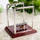 Newton's cradle on a wooden base with a blurred green plant background