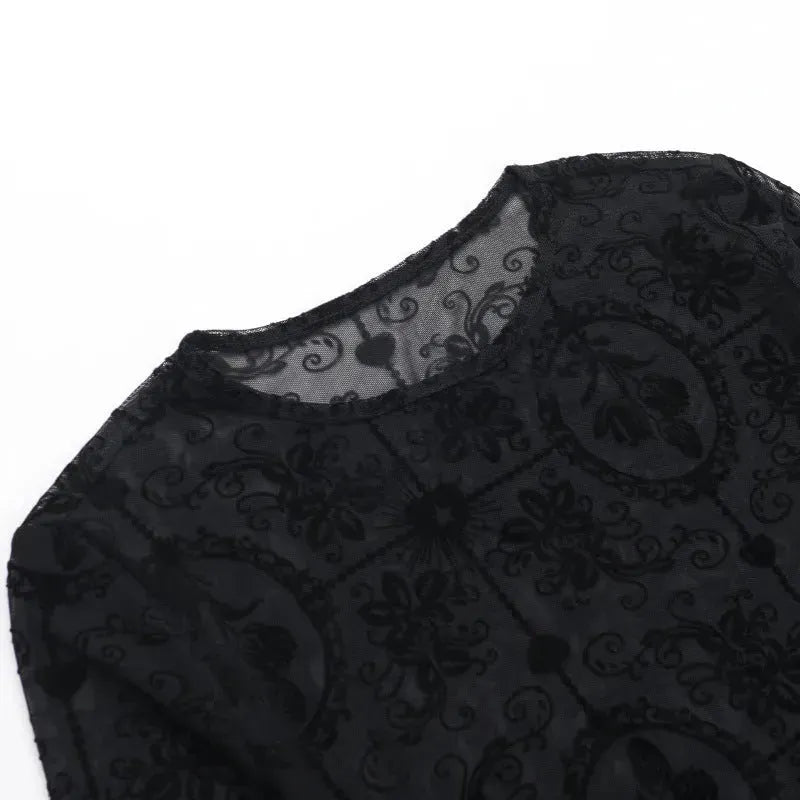 Elegant Slim-fit Tulip Flocking transparent lace top bodycon top women - EX-STOCK CANADA