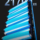 A promotional graphic for a stack of blue cylindrical lithium-ion batteries, showing a large '21700 X5' text overlay and a dark technical infographic background with text about hard nuclear core and cycle charge life.