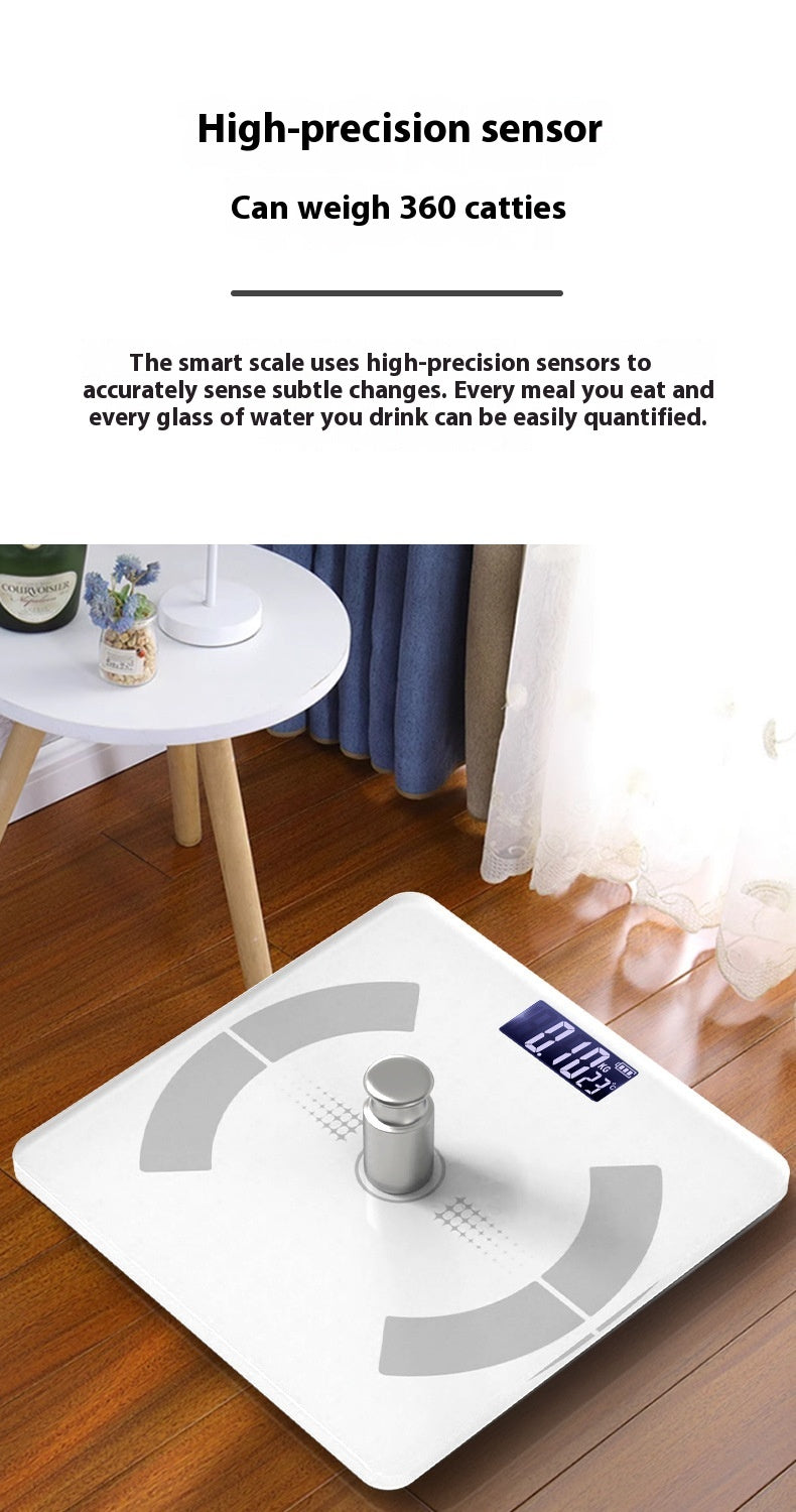 A white digital body scale with a small blue display screen is shown on a wooden floor in a home setting, with a small table and curtains nearby. Text at the top describes high-precision sensors and weight measurement.