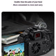 A black compact camera with a flip-out screen, shown in a travel-themed promotional layout with text reading 'Lightweight and portable' and 'Travel with ease.' The camera is pictured beside a laptop, a small black accessory, and a dark fabric surface, with a golf scene displayed on the screen.