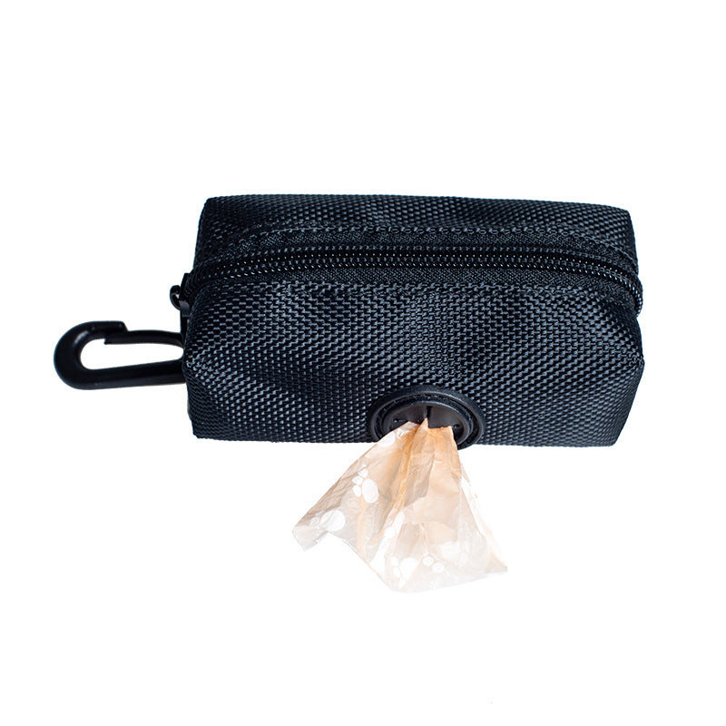 Black waste bag holder with a carabiner on a white background