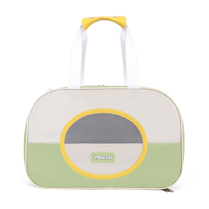 Pet carrier with a yellow rim and white handle on a white background
