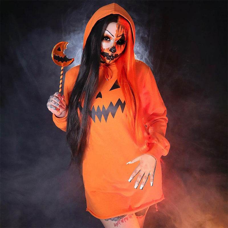 Halloween Costume Pumpkin Print Long Sleeve Hoodie Dress - EX-STOCK Canada